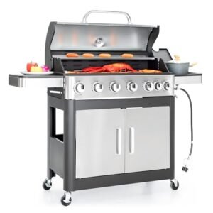 Captiva Designs 6-Burner Propane Gas BBQ Grill with Side Burner & Porcelain-Enameled Cast Iron Grate for Outdoor Kitchen & Backyard Barbecue, 65,800 BTU Output,665 SQ.IN. Cooking Area,Stainless Steel