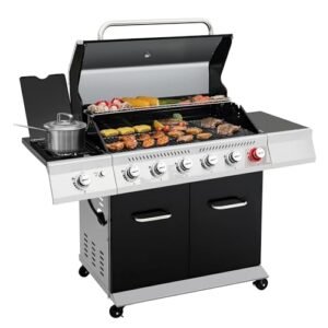 Royal Gourmet GA6402H 6-Burner Propane Gas Grill with Sear Burner and Side Burner, 74,000 BTU, Cabinet Style Outdoor BBQ Grill for Barbecue Grilling and Backyard Cooking, Black