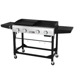 Royal Gourmet GD401 Portable Propane Gas Grill and Griddle Combo with Side Table | 4-Burner, Folding Legs,Versatile, Outdoor | Black 66 Inch