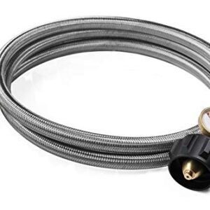 DOZYANT 6 Feet Stainless Braided Propane Hose Adapter with Propane Tank Gauge, 1 lb to 20 lb Propane Converter Hose for Propane Stove, Tabletop Grill and More 1lb Portable Appliance