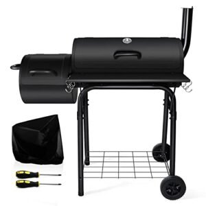 Charcoal Grill with Smoker, Leonyo Outdoor Charcoal Grill with Offset Smoker, Barbecue Outdoor Camping Charcoal Grills & Smokers with Grill Cover, Barrel BBQ Grill for Backyard Party Cooking, Black