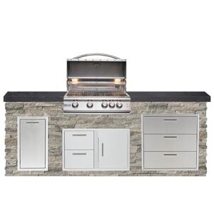BBQGUYS Signature 8ft Luxury Outdoor Island W/Blaze Premium LTE 32-Inch Propane Grill - Silver Travertine Stone W/Black Polished Granite