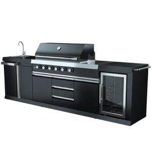 MCP-Distributions 3 Piece 10' Foot Modular Marble Top Black Stainless Steel Outdoor BBQ Kitchen Island Grill, Propane or Natural Gas, with Refrigerator and Sink Modules, 3PMGB