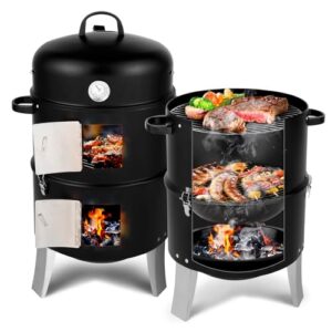 Outvita Vertical 18.5 Inch Steel Charcoal Smoker, Heavy Duty 3-in-1 Portable Outdoor Grill Cooker with Built-in Thermometer for Outdoor Backyard Cooking Grilling Camping