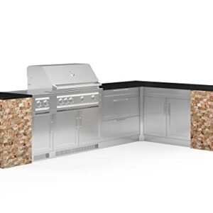 NewAge Products Signature Series 11Pcs L Shape Outdoor Kitchen Cabinet Set, Stainless Steel 7-Burner BBQ Island, Propane Gas 40" Platinum Grill, Black Galaxy Granite Top, Scabos Travertine, 69566