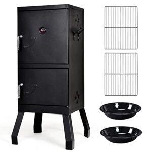 Giantex Outdoor Smoker with Double Doors, 2 Detachable Grill Netting Smoking Racks, Charcoal Pan & Water Pan, 4 Air Vents, Thermometer, Vertical Charcoal Smoker for Barbecue Camping Backyard Grill