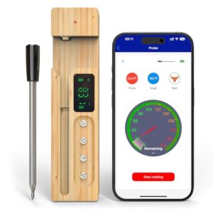 AWLKIM Smart Wireless Meat Thermometer, Meat Thermometer Digital for BBQ, Oven | Bluetooth & App-Enabled | Base with Charging and Temperature Display Function | Dishwasher Safe