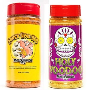 Meat Church BBQ Rub Combo: Honey Hog (14 oz) and Holy VooDoo (14 oz) BBQ Rub and Seasoning for Meat and Vegetables, Gluten Free, One Bottle of Each