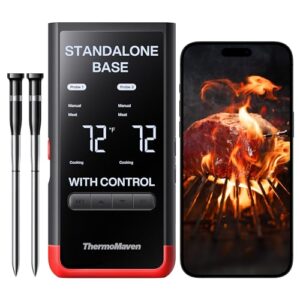 ThermoMaven Wireless Bluetooth Smart Meat Thermometer: Standalone Base, WiFi Unlimited Range, 6 Sensors with NIST Certified Accuracy, 2 Probes, for BBQ, Grill, Oven, Smoker, Rotisserie (Red)