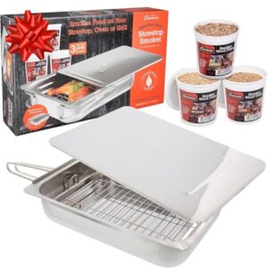 Camerons Original Stovetop Smoker -Smoker Box Gift Set w/Oak, Apple, Hickory Wood Chip Pints & Recipe Guide- Indoor Outdoor Use - Great for Smoking Thanksgiving Dinner - Barbecue Grilling Gift for Men