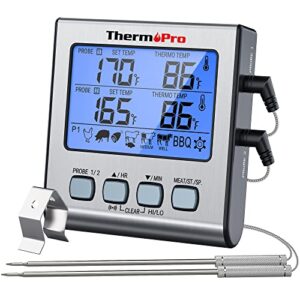 ThermoPro TP17 Dual Probe Digital Cooking Meat Thermometer Large LCD Backlight Food Grill Thermometer with Timer Mode for Smoker Kitchen Oven BBQ, Silver