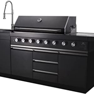 2 Piece Black Stainless Steel Outdoor BBQ Kitchen Grill Island w/ Refrigerator + Sink, Faucet, Cover