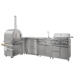 SINDA 7-Piece Outdoor Kitchen Package in Stainless Steel, w/Pizza Oven, 32" Propane Gas Grill, BBQ Grill Cabinet, 24" Fridge Drawer, Appliance Cabinet, Sink Cabinet & Coner Cabinet