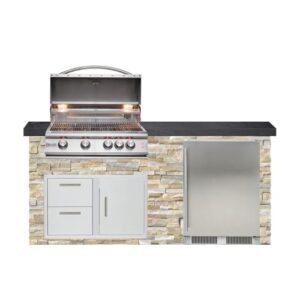 BBQGUYS Signature 6ft Luxury Outdoor Island W/Blaze Premium LTE 32-Inch Propane Grill & Outdoor Rated Refrigerator - Golden Honey Stone W/Black Polished Granite