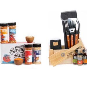 Man Crates Savage Smoke Seasonings & Steakhouse Crate Bundle - Barbecue Seasonings, Rubs and Spices - 3-Piece Grilling Tool Set, Black Denim Grilling Apron, Steak Sauce & Rub Set, Wood Grill Scraper