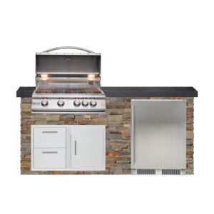 BBQGUYS Signature 6ft Luxury Outdoor Island W/Blaze Premium LTE 32-Inch Propane Grill & Outdoor Rated Refrigerator - Gold Rush Stone W/Black Polished Granite