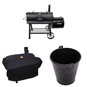 Oklahoma Joe's Longhorn Reverse Flow Smoker, Black & 2855872P04 Longhorn Reverse Flow Anthem Series Rip-Stop Offset Smoker Cover, Black & 9518545P06 Drip Bucket, Black