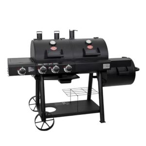 Char-Griller® Texas Trio 3-Burner Gas & Charcoal Grill and Smoker, Push Button to Ignite, Dual temperature Guages, Side Burner, Includes Side Firebox, 1,390 Cooking Square Inches, Black, Model# 3070