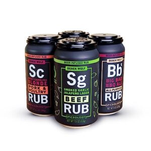 Spiceology & Derek Wolf - Beer-Infused Barbecue Spice Rubs - Flavors: Sticky Bourbon Brown Ale, Sweet Carolina Blonde, Smoked Garlic Jalapeno Lager, Big Bad BBQ Ale - Use on Pork, Beef, Chicken, Seafood, Vegetables, and More - Set of 4 with Resealable Lids