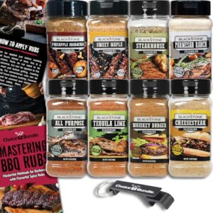 Blackstone Whiskey Burger, Steakhouse, Tequila Lime, All Purpose, Parmesan Ranch, Cheesesteak, Pineapple Sriracha & Sweet Maple Gourmet Griddle Premium BBQ Barbecue Rub Seasoning 8 Pk Choice Bundle (60.7 oz) + BBQ Guide & Opener (10 Items)!