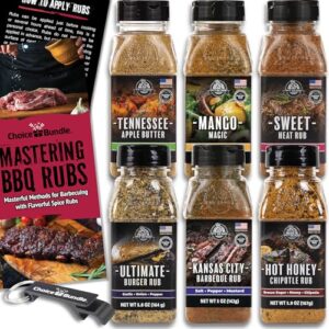 Pit Boss Sweet Heat, Hot Honey Chipotle, Kansas City Barbecue, Mango Magic, Tennessee Apple Butter & Ultimate Burger Rub BBQ Seasoning 6 pk Choice Bundle (36.05 oz) + BBQ Guide & Opener (8 Items)!