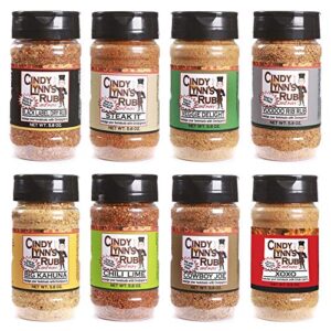 Cindy Lynn’s Mixed BBQ Seasoning Set, 5.5 oz, 8-Pack of Dry Rubs and Grill Seasonings, Big Kahuna, Steak, Voodoo Rib Rub, Black Label, Meat Rubs, MSG Free Seasoning