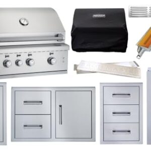 Best of Backyard 10pc BBQ Package Deal: 32" Broil Master Natural Gas grill, 32" Door Drawer Combo, Triple Drawer, Trash Roll out, Fridge and grill Accessories