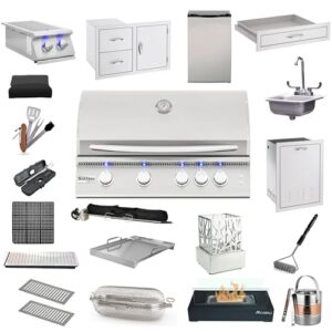 AMS Fireplace | Summerset Sizzler Pro 32" Built-in Natural Gas Grill Package-2 | Double Side Burner | 2-Drawers & Access Door Combo | Vented Propane Tank & Trash Drawer, Utensils Drawer, and More