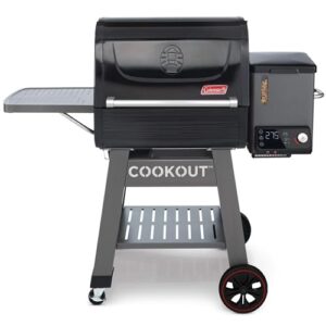 Coleman Cookout 1000 Pellet Grill with 1035-Sq. In. Total Cooking Surface, LED Digital Controller, Timer, 2 Meat Probes, and Side Shelf, Pellet Smoker Grill with Fully Insulated Lid in Black/Gray