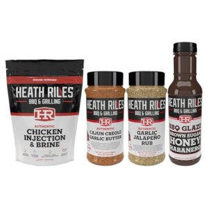 Heath Riles BBQ Bundle - Chicken Injection & Brine, Garlic Jalapeño BBQ Seasoning Rub, Cajun Creole Garlic Butter Rub Seasoning, and Brown Sugar Honey Habanero BBQ Glaze