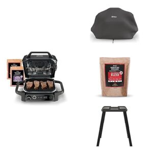 Ninja OG751BRN Woodfire Pro Outdoor Grill and Smoker with Built in Thermometer, 7 in 1 Master Grill, Grey, Electric, with XSKCOVER Cover + XSKOP2RL All Purpose Blend Pellets+XSKUNSTAND Stand