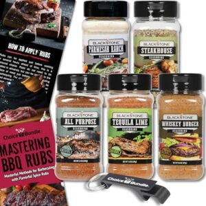 Blackstone Whiskey Burger, Steakhouse, Tequila Lime, All Purpose (AP), Parmesan Ranch Premium BBQ Barbecue Griddle Seasonings Rub 5 Pk Choice Bundle (38.9 oz) + BBQ Guide & Opener (7 Items)!