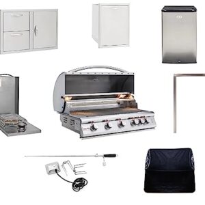 BLAZE BBQ Outdoor Grill Package 4 of 40” LTE Built-in Natural Gas Grill, Dop-In Single Side Burner, 32” Door & Two Drawers Combo, Double Trash Drawer, 20” Compact Refrigerator, and Accessories
