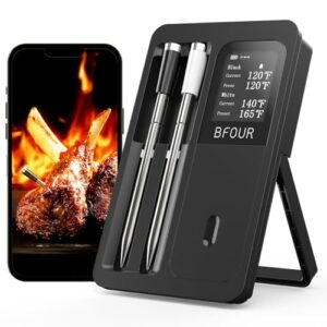 BFOUR Wireless Meat Thermometer Digital with 2 Upgraded Waterproof Probes, Wireless Grill Thermometer with HD LCD Display, Bluetooth Meat Thermometer for Smoker BBQ Oven Cooking Grill Thermometer