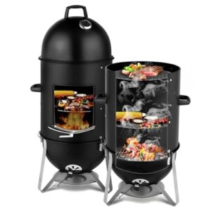 ZJMTOCYU Outdoor Cooking with Three-Layer Charcoal Smoker, Precision Temperature Control, Portable Design for Camping and Backyard BBQ, Black