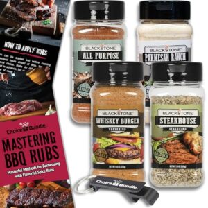 Blackstone Whiskey Burger, Steakhouse, All Purpose (AP), Parmesan Ranch – Gourmet Griddle Premium BBQ Barbecue Rub Seasoning 4 Pk Choice Bundle (32.5 oz) + BBQ Guide & Opener (6 Items)