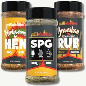 Grillaholics Gourmet Seasoning Trio Bundle – Original SPG, Herbacious Hen, and Brazilian Steakhouse Rubs – Elevate Your BBQ Experience