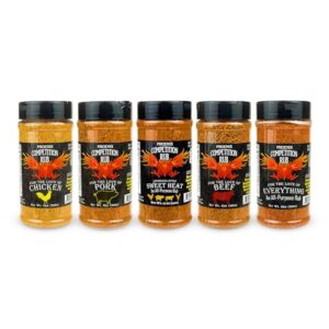 Anthony Spices - Competition Rub 5-Pack. This package includes Anthony Spices Competition Chicken, Pork, Beef, Sweet Heat, and Everything Rubs, each crafted to enhance the natural flavors of your meats while adding a unique touch of spice or sweetness. You get all five flavors.