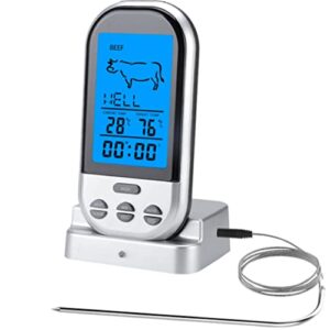 Wireless Meat Thermometer with Holder, Large LCD Screen Display Wireless Food Meat Thermometer, Stainless Steel Probe Digital Meat Thermometer for Kitchen Cooking BBQ Grill Thermometer Silver