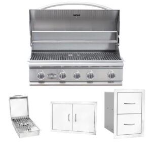 Bullet by Bull Stainless Steel Outdoor Kitchen Grill Set - Built-In Liquid Propane Grill -BBQ Kitchen Island Bundle - Includes 5 Burner Grill, Side Burner, Double Access Door & Double Storage Drawer
