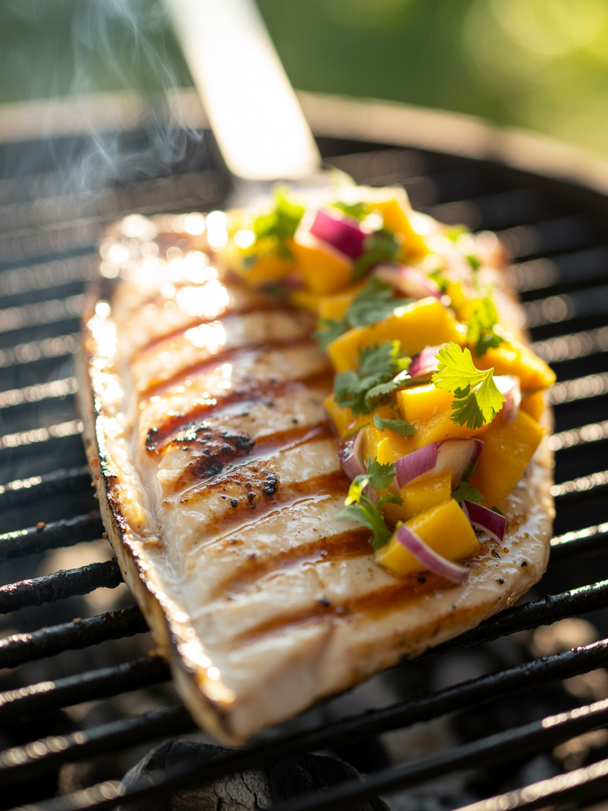 Grilled Swordfish Recipe with Mango Salsa - Perfect Summer closeup detail